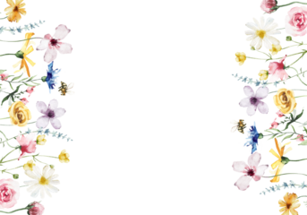 Watercolor painted floral frame. Yellow, blue, white and pink wild flowers. Template summer meadow illustration.