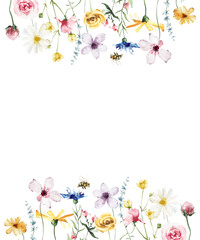 Watercolor painted floral frame. Yellow, blue, white and pink wild flowers. Template summer meadow illustration.