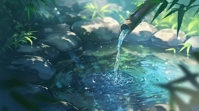 Animation of a bamboo water spout filling a tranquil pool, creating gentle ripples. Ideal for backgrounds