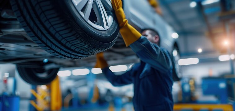 Mechanic working under a car in a modern auto repair shop, performing maintenance and inspections on a vehicle lifted on a hoist.