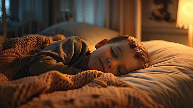 Happy children sleeps in a bed at home. sleep rest relax comfort. Mattress and bedding business banner	