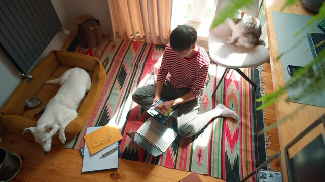 View from above of Caucasian creator sitting on carpet and using digital gadgets. Female creating image with stylus in tablet device. Laptop located on floor. Cute animals resting next to their owner.