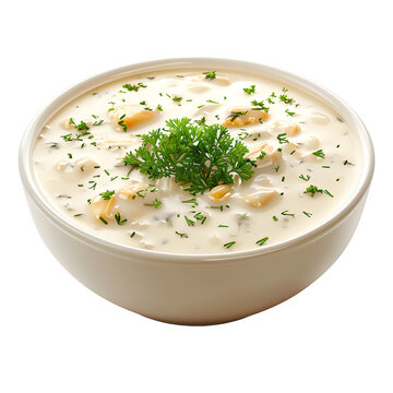 Creamy clam chowder soup in bowl on transparent background