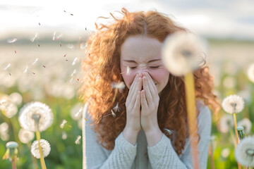 World Allergy Day,Seasonal pollen allergy, rhinitis, runny nose, cold, flower petals, pollen, flying dandelions, woman sneezing