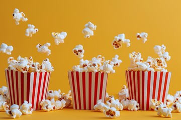 Cinematic photography of popcorn falling from red and white striped cinema boxes on yellow background