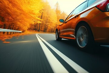 Yellow Car Driving at High Speed on an Autumn Road, Fast Shutter Speed Motion. Close-Up of Wheels and Side View