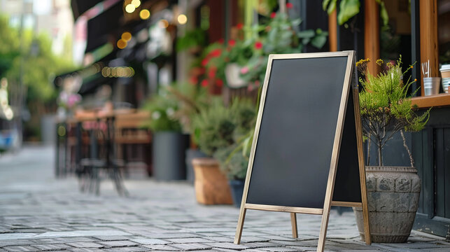 Black chalkboard in front of restaurant. 