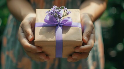 Close-up of hands presenting a gift box wrapped with a purple ribbon and flowers, conveying the act of giving and kindness.