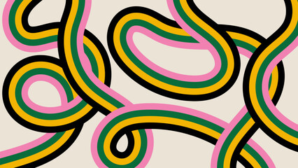 Colorful stripes on beige background. Hippie backdrop in retro 60-70s style. Abstract vector hand drawn design with copy space. Trendy groovy panoramic banner template