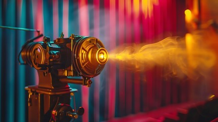 A vintage film projector casting a golden SCREENING neon light onto a velvet cinema curtain