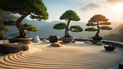 Zen Garden with Bonsai Trees at Sunrise, Serenity in Nature