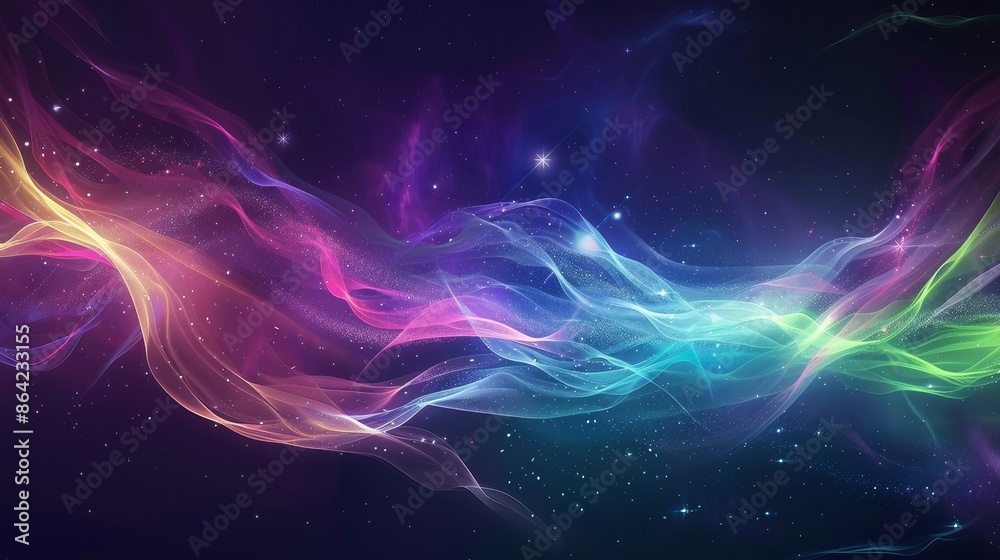 Wall mural tranquil wallpaper with ribbon-like patterns in rainbow colors and glowing stars