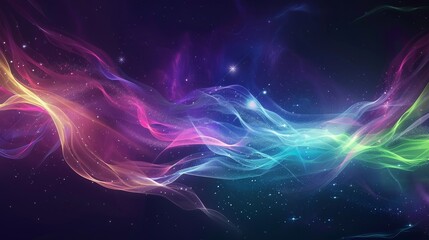 Tranquil wallpaper with ribbon-like patterns in rainbow colors and glowing stars