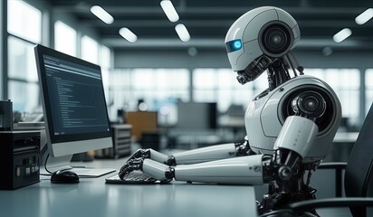 robots work in front of a laptop or computer. robots replace regular employees. Robot intelligence replaces human work. worker robots of the future. robot with laptop computer
