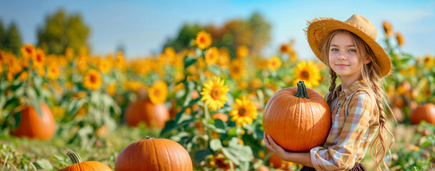 Pumpkin autumn field. Teen girl in fall patch. Family harvest festival child banner. Thanksgiving girl, happy kid with halloween farm landscape. Outdoor Thanksgiving harvest holiday pumpkin banner