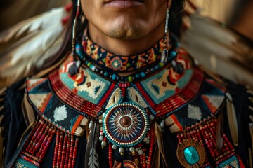 Obraz premium Captured in a studio photograph, a Native American man wears ornate cultural jewelry, symbolizing the strength and resilience of his heritage.