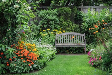 Beautiful Garden Oasis with Wooden Bench Surrounded by Flowers and Greenery - Ideal for Relaxation