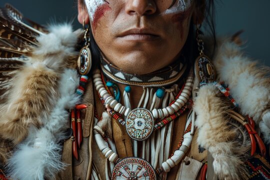 Captured in a studio photograph, a Native American man wears ornate cultural jewelry, symbolizing the strength and resilience of his heritage.