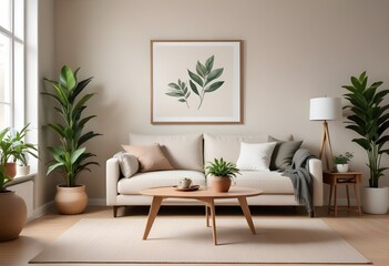 Frame mockup, ISO A paper size. Bedroom poster mockup. Modern interior design. Living room Interior mockup with house background. 3D render