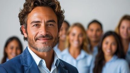 A diverse group of business professionals standing together, dressed in formal attire, representing teamwork and corporate environment.