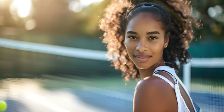 Closeup of African American female tennis player on sunny outdoor court. Concept Sports Photography, Closeup Portraits, Outdoor Photoshoot, Tennis Player, African American Woman