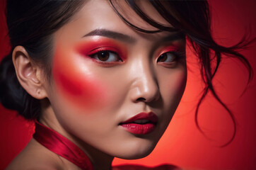 Fototapeta premium Close-up portrait of asian young woman with red eyeshadow blush and lipstick lit warm light