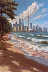Naklejka premium Digital Painting of a Coastal Cityscape