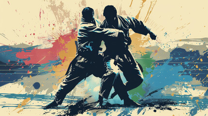 Dynamic Olympic Judo Banner with Athletes Grappling and Stylized Olympic Rings Background
