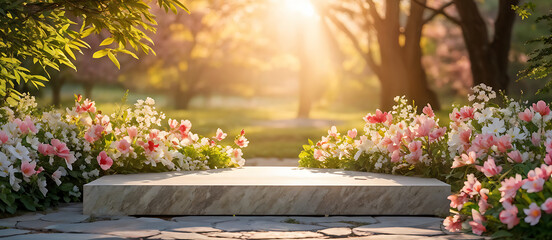 Obraz premium Background podium 3D spring flower product beauty pink display nature. 3D podium stand background scene floral mockup cosmetic white blossom summer abstract shadow platform minimal design render stage