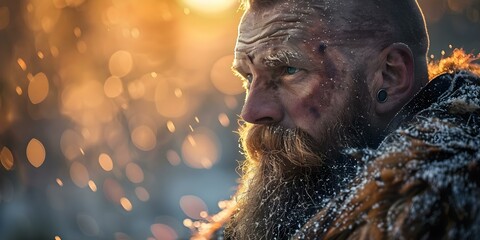 Side view of medieval dwarf viking warrior chief at sunrise. Concept Warrior Portrait, Viking Inspiration, Medieval Aesthetic, Sunrise Glow, Dwarf Character