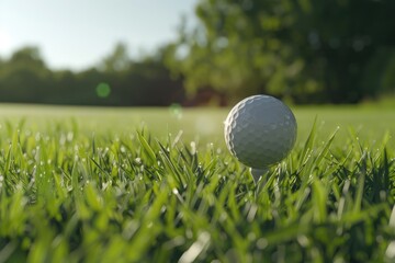 A golf ball sits on a tee against the backdrop of the golf course providing ample room for any desired image or text