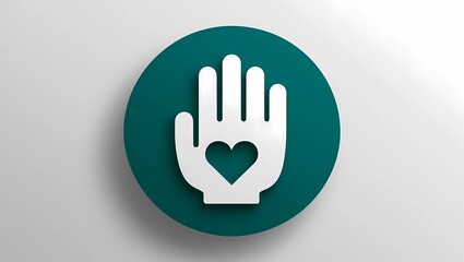 Obraz premium Hand with Heart Icon on Teal Circle and White Background, Flat Design 