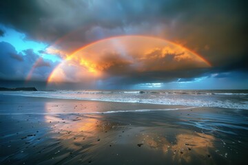 moody beach scene dark storm clouds parting to reveal vibrant double rainbow crashing waves dramatic lighting on wet sand