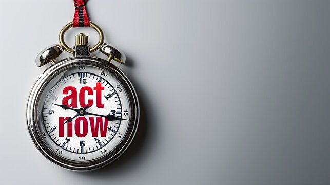 A bright red clock with a flashing "act now" message, urging immediate action and emphasizing the importance of time-sensitive decisions