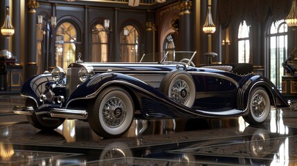 Luxurious Vintage Car Showroom Showcasing Classic Models with Chrome