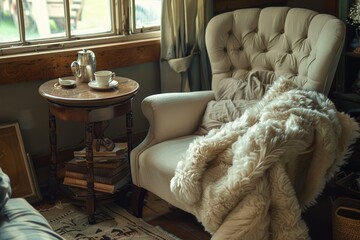 Cozy Relaxation Spot with Fluffy Blanket, Comfortable Chair, and Cup of Tea for Tranquil Moments