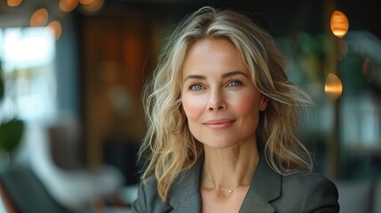 Obraz premium A businesswoman is depicted from the chest up, wearing a dark suit with her blonde hair styled loosely