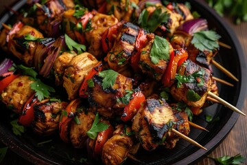 Delicious grilled chicken skewers with vibrant vegetables on a rustic plate, garnished with fresh herbs, perfect for a summer BBQ feast.