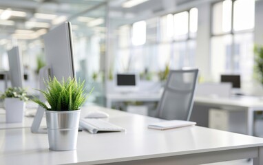 A modern office desk with a computer, keyboard, and potted plants. The background shows a large, bright office space with multiple desks and chairs.