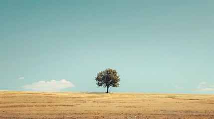 Minimalist Landscape with Solitary Tree Against Vast Horizon Emphasizing Tranquility and Space