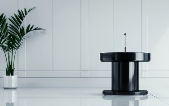 A sleek black podium with a microphone stands in a minimalist white room, illuminated by natural light. A potted plant adds a touch of greenery.
