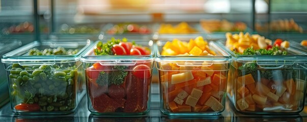 Fresh and colorful vegetables in glass containers on a counter, showcasing a healthy and vibrant food selection.