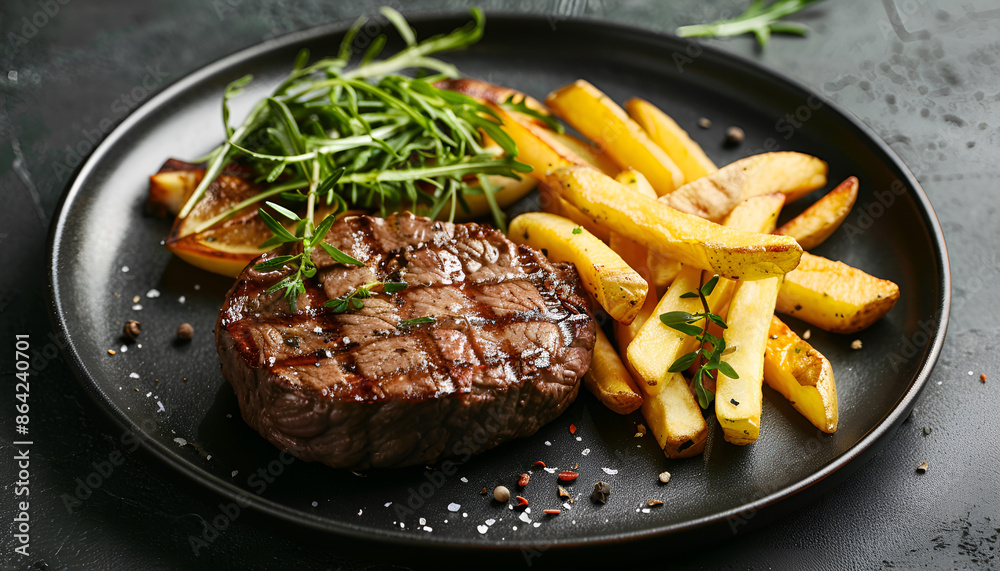 Wall mural Beef Steak medium rare with French fries on a black plate. Grey background. Close up. Copy space. - Wall murals