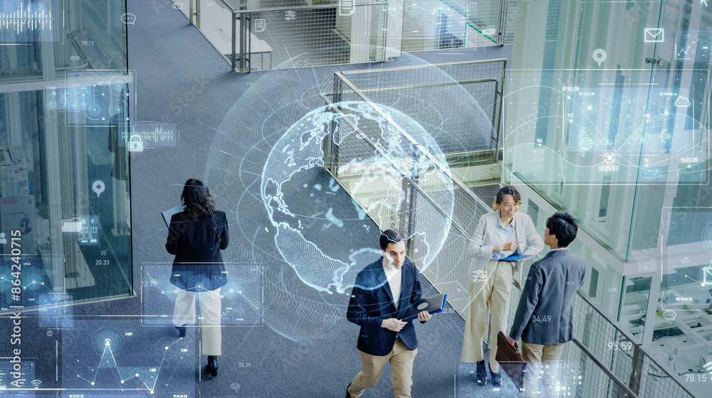 Poster multinational people working in office and global network concept