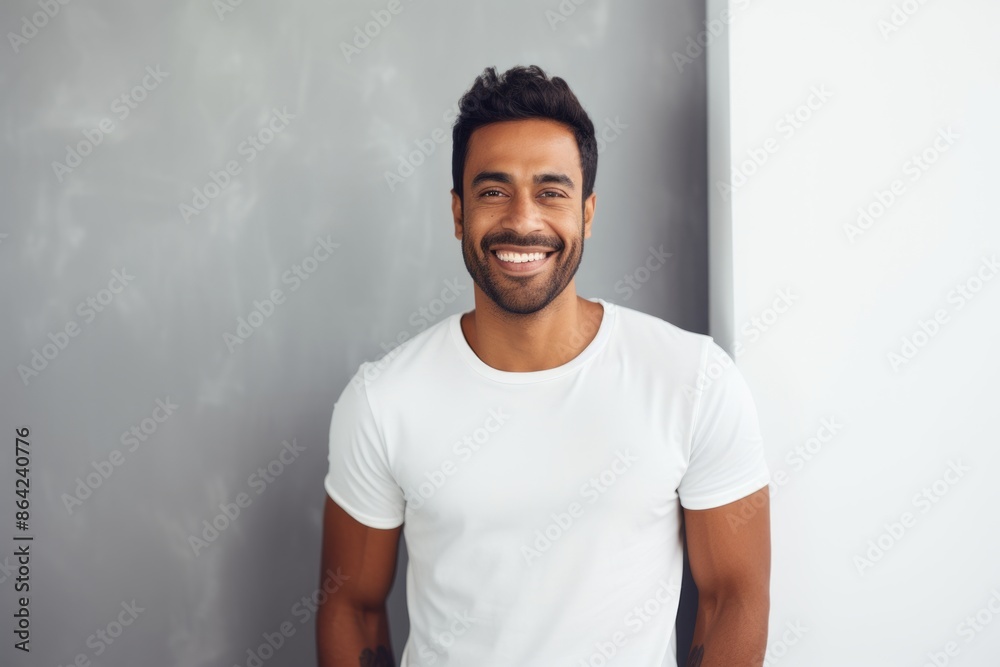 Sticker Portrait of a grinning indian man in his 30s donning a trendy cropped top isolated in modern minimalist interior