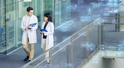 Multinational engineers and digital technology concept