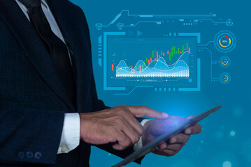 Businessman hand or trader is showing a growing virtual hologram stock on smartphone, planning and strategy, Stock market, Business growth, progress or success concept. invest in trading.