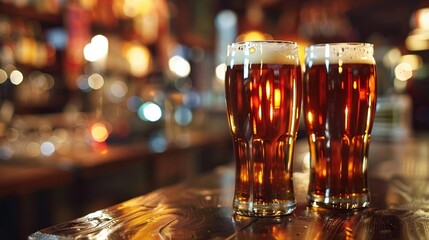 Close up, double craft beer on the dark bar table, amber glass, drunken atmosphere, nightlife, bar, drinking, alcohol, hops, malt, foam head, craft, dark, bar, table, amber, glass, close-up, beer
