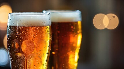 Close up, double craft beer on the dark bar table, amber glass, drunken atmosphere, nightlife, bar, drinking, alcohol, hops, malt, foam head, craft, dark, bar, table, amber, glass, close-up, beer
