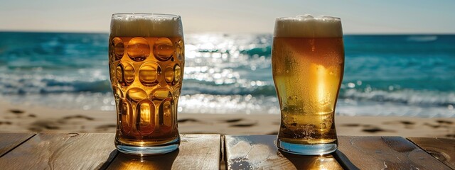 Close up, double craft beer on the dark bar table, amber glass, drunken atmosphere, nightlife, bar, drinking, alcohol, hops, malt, foam head, craft, dark, bar, table, amber, glass, close-up, beer
